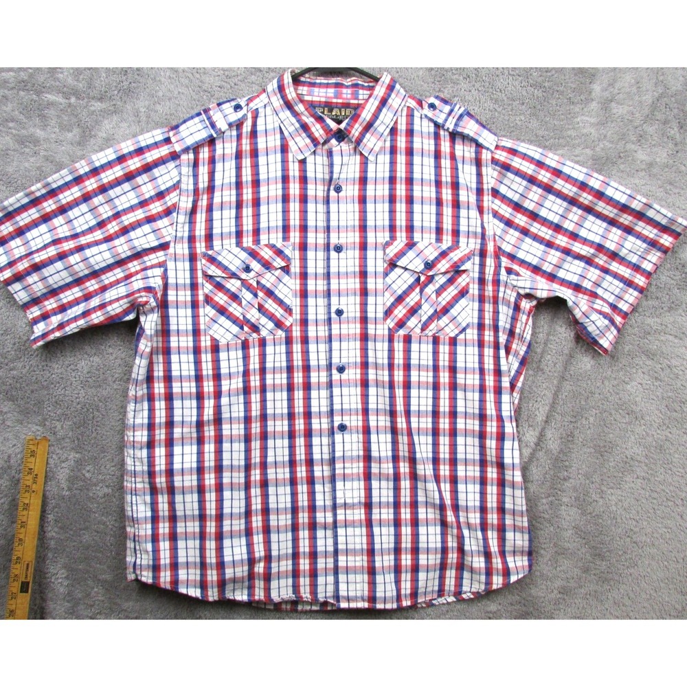 Plaid Galaxy By Harvic Shirt Mens XL Red Blue Plaid Short Sleeve Button Front